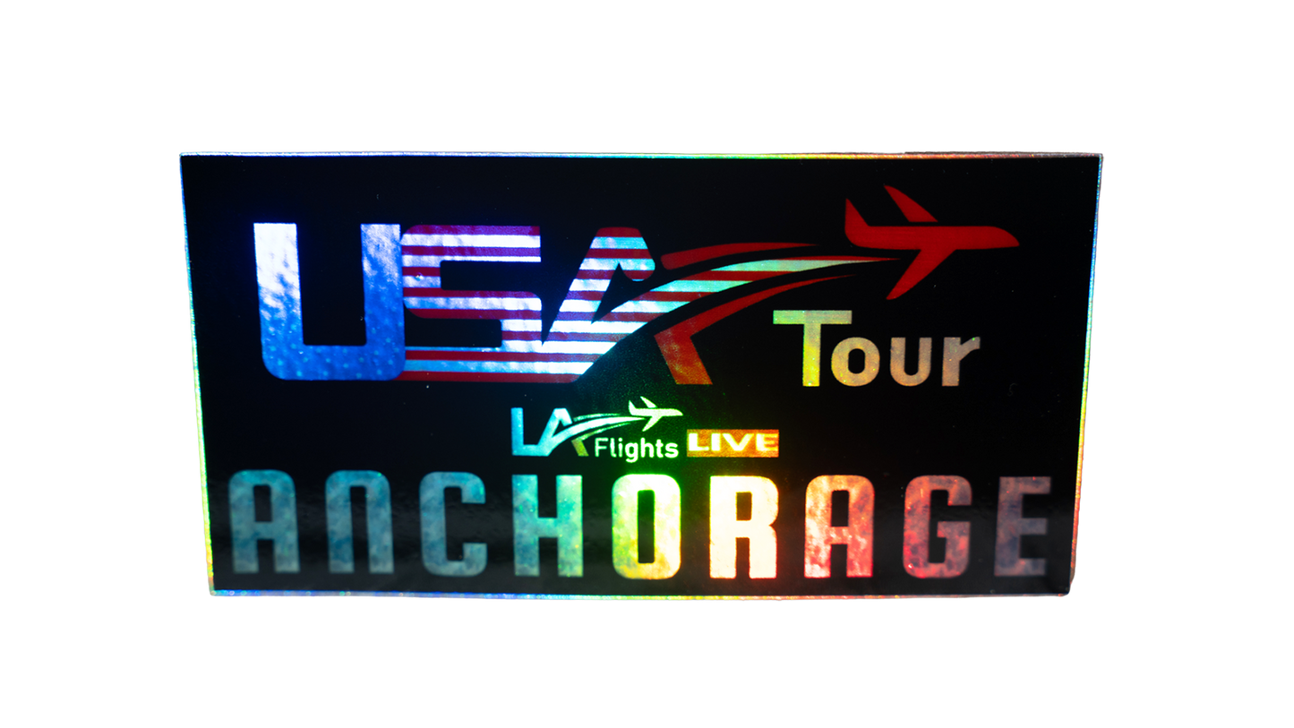 LA Flights USA Tour Anchorage Holographic Stickers (Pack of 4, 4 x 2 in)